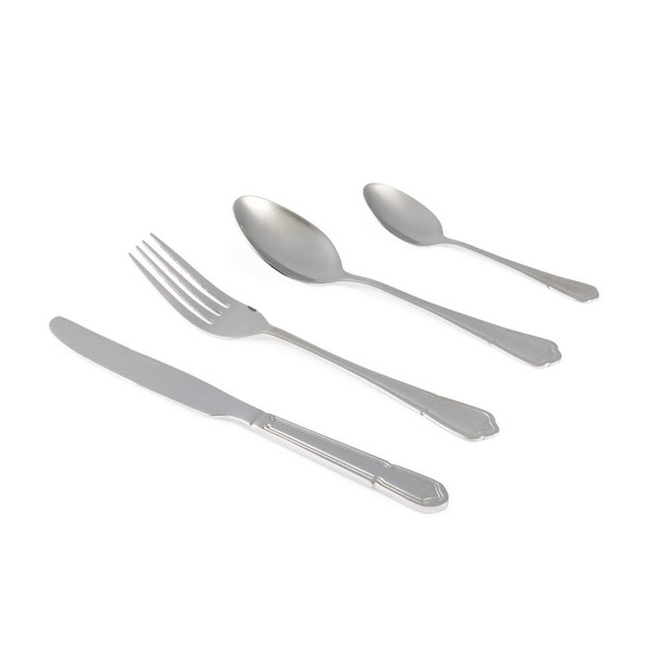 Set of four silver stainless steel cutlery pieces: knife, fork, dessert spoon, teaspoon