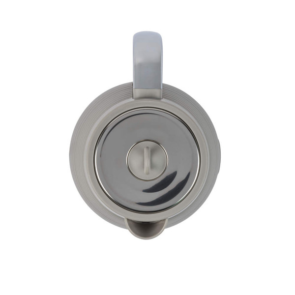 Taupe ribbed electric kettle with chrome handle, shown upright on white background.