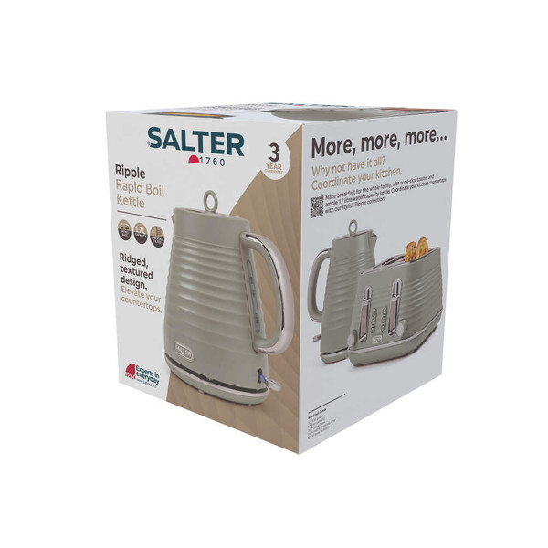 Boxed Salter Ripple rapid boil kettle in taupe, ridged textured design, 1.7 litre capacity