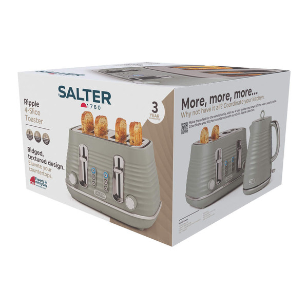 Salter Ripple 4-slice taupe toaster box showing ridged design and product features