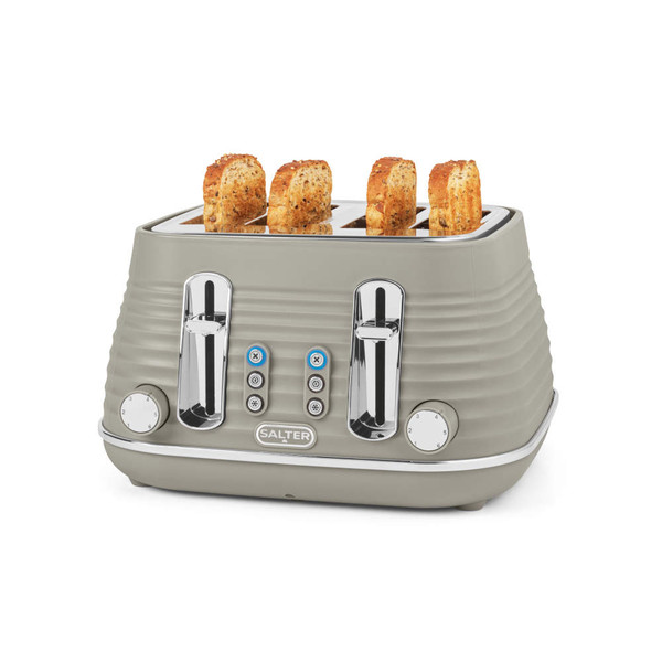 Taupe 4-slice toaster with ribbed design and slices of seeded bread