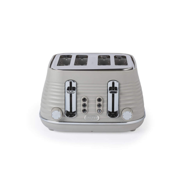 Four-slice taupe toaster with ribbed design, Salter branding, front view.