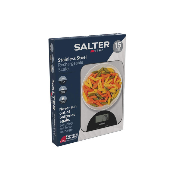 Salter stainless steel rechargeable kitchen scale retail box, UK version