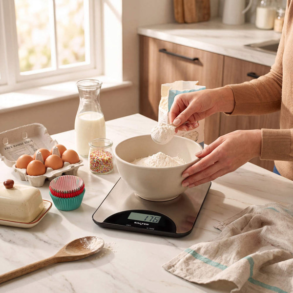 Baking ingredients weighed in mixing bowl on digital kitchen scale
