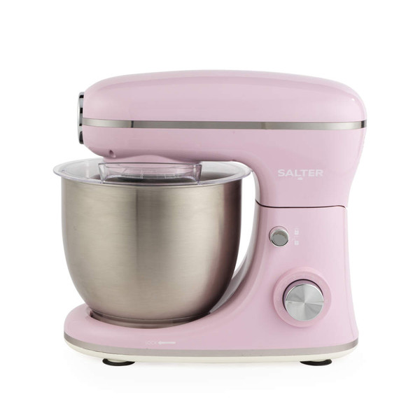 Pink stand mixer with stainless steel bowl, dough hook attached, for home baking