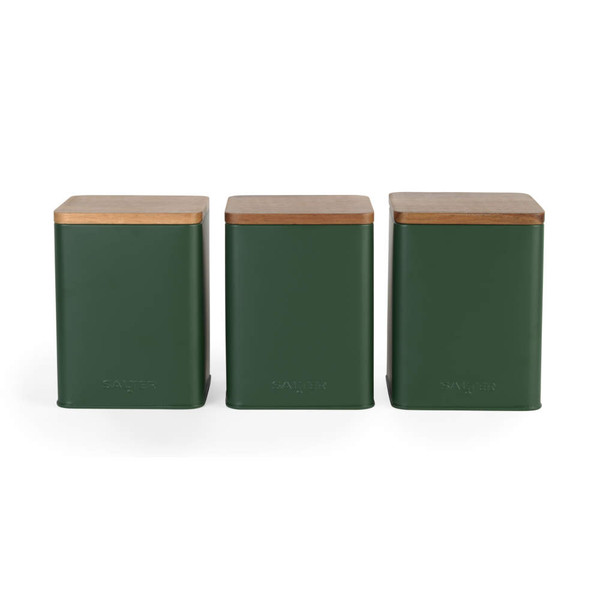 Set of three green metal storage canisters with wooden lids, frontal view