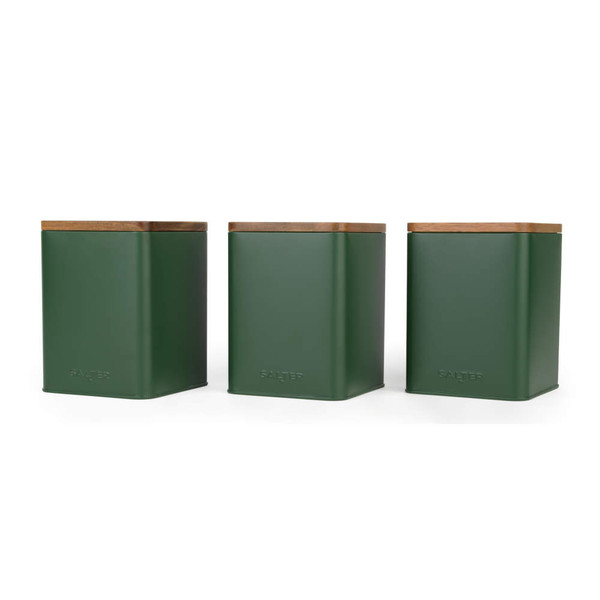 Set of three green metal storage canisters with wooden lids, Salter embossed brand, front view.