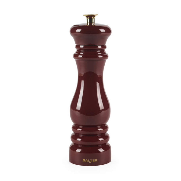 Red wooden salt mill with gold knob, shown upright for product listing.
