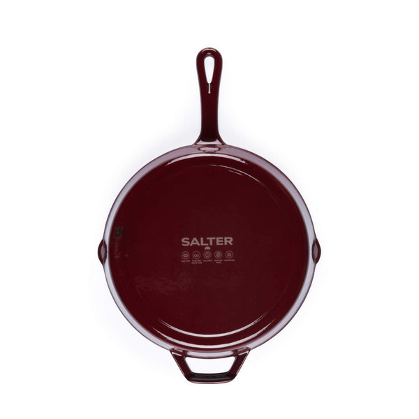 Red Salter cast iron frying pan shown from above