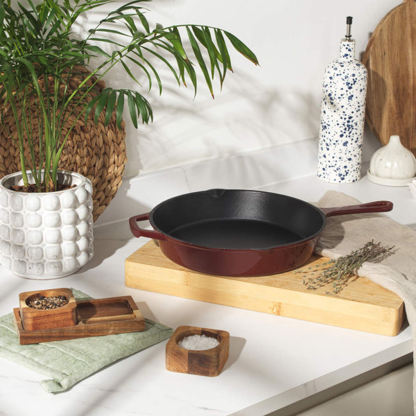 Red Salter cast iron frying pan shown from above
