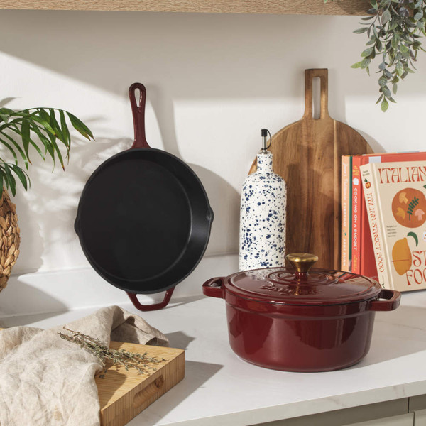 Red Salter cast iron frying pan shown from above
