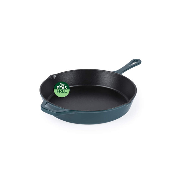 Green cast iron frying pan, PFAS free label visible, shown at angle on white background