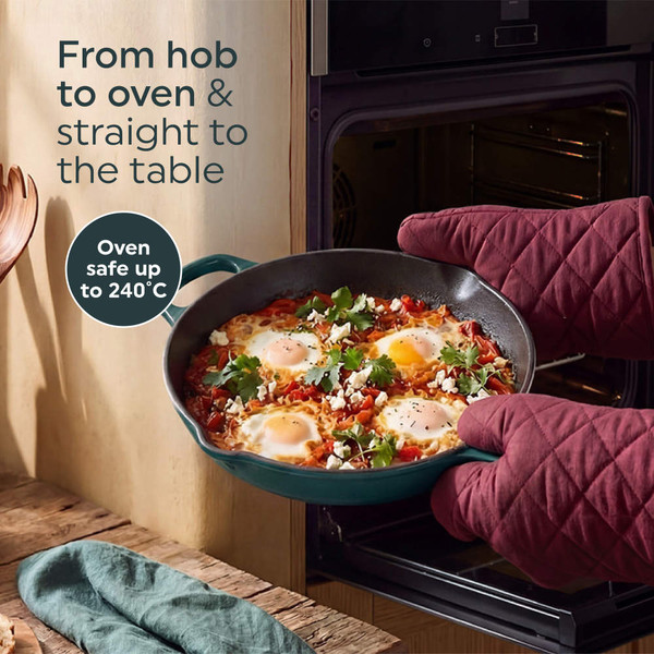 Cast iron frying pan with dark green handles, shown from above