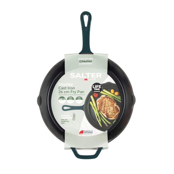 Green-handled cast iron 26 cm fry pan, Salter Chester collection, shown in retail packaging