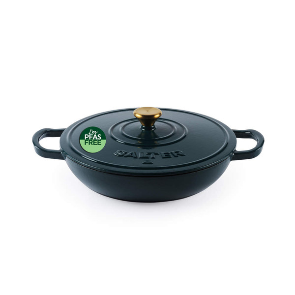 Green cast iron shallow casserole dish with gold knob, PFAS free label visible