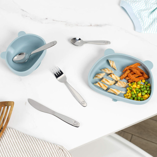 Children’s 12-piece stainless steel cutlery set box with farm animal design.