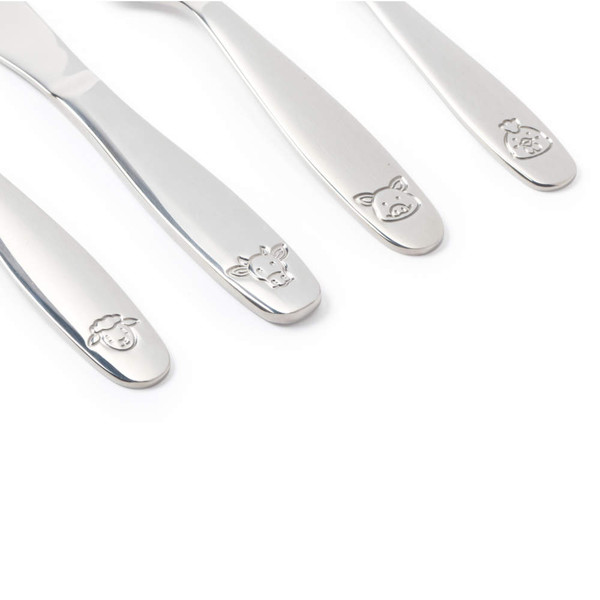 Children’s silver cutlery set with engraved farm animal faces on handles