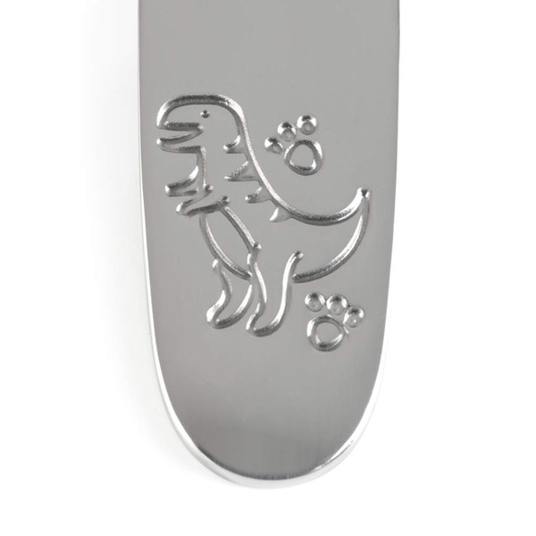 Silver handle with embossed dinosaur and paw prints design