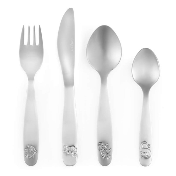 Children’s silver cutlery set with animal designs, four pieces shown side by side