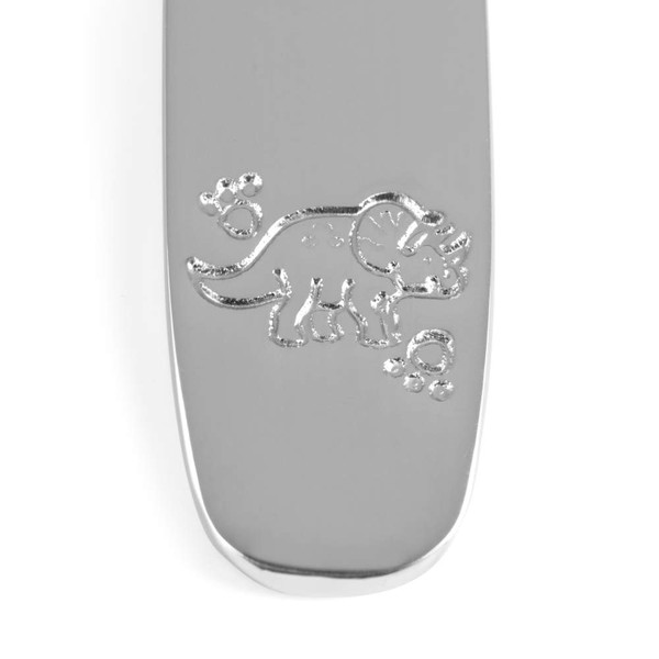 Children’s silver spoon handle with embossed triceratops dinosaur design