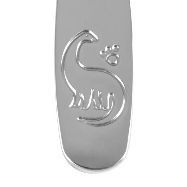 Close-up of silver cutlery handle with a raised dinosaur and paw print design