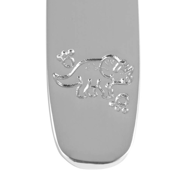 Silver children’s cutlery handle with engraved triceratops dinosaur and paw prints