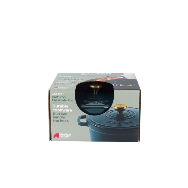 Green cast iron casserole pot in closed Salter box, gold handle visible through cut-out