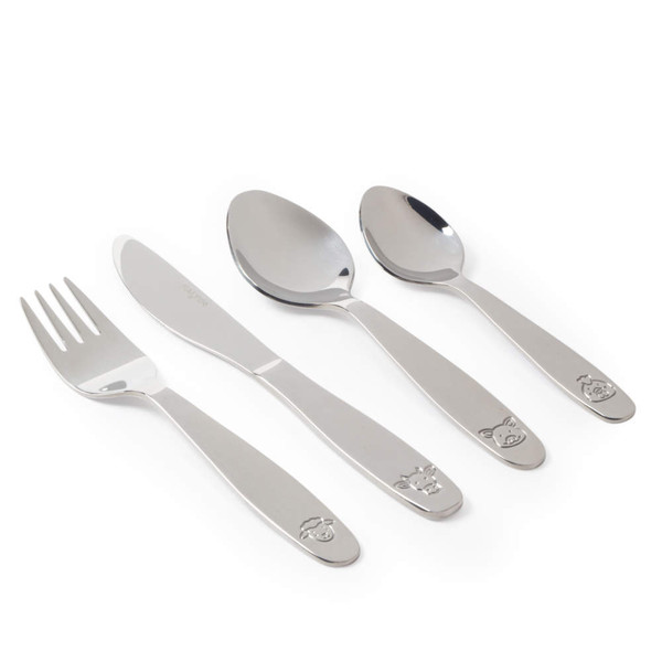 Children's silver cutlery set with animal motifs, showing fork, knife, spoon and teaspoon.