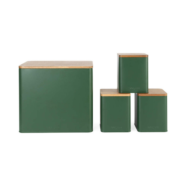 Set of four green kitchen storage canisters with wooden lids, shown in assorted sizes.