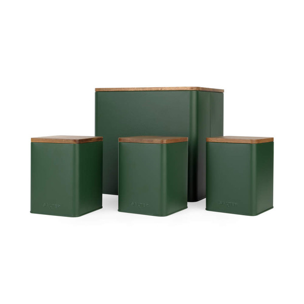 Set of three green storage canisters with wood lids, suitable for kitchen food storage