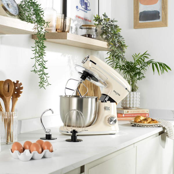Cream retro stand mixer in box with accessories, Salter brand packaging