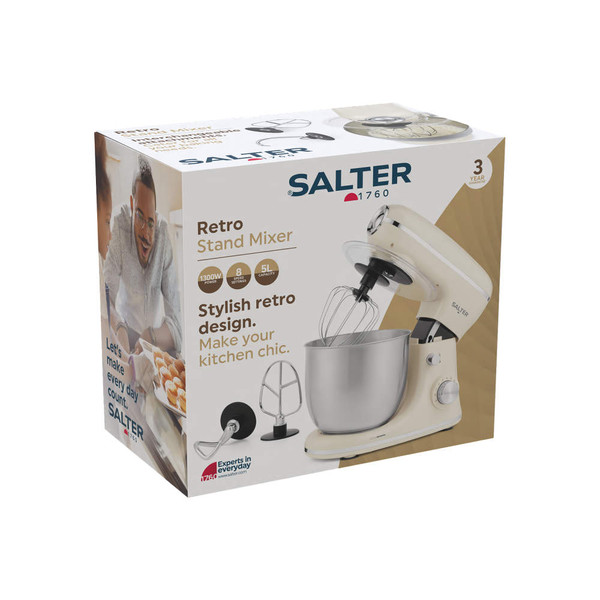 Cream retro stand mixer in box with accessories, Salter brand packaging