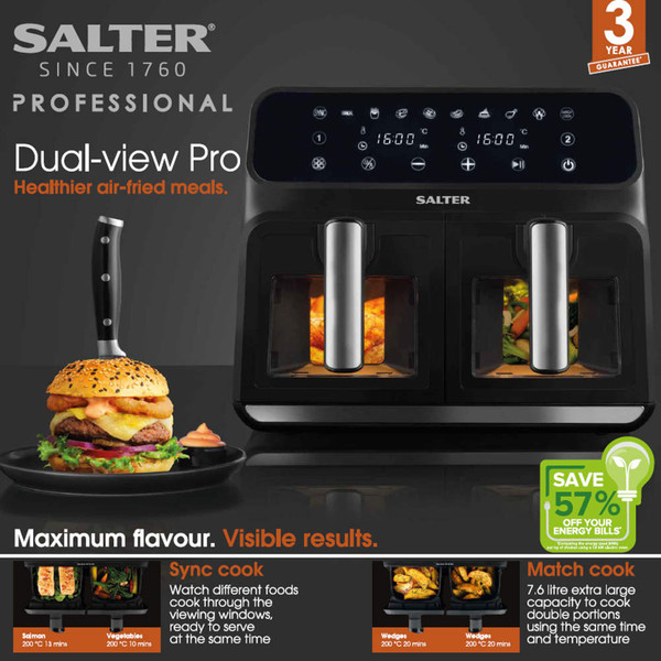 Salter Dual-view Pro air fryer with double viewing windows, showing cooked chicken and vegetables.