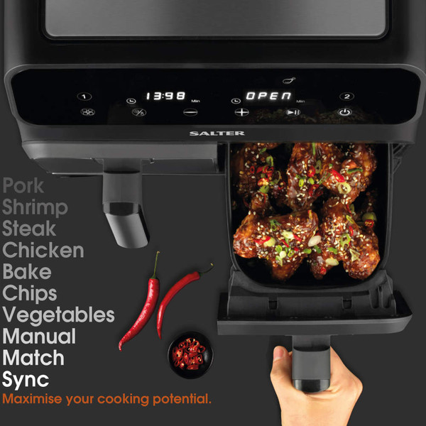 Salter dual air fryer with open drawer of cooked chicken wings, showing digital controls.