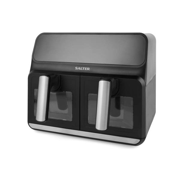 Black dual air fryer with silver handles and viewing windows, front view