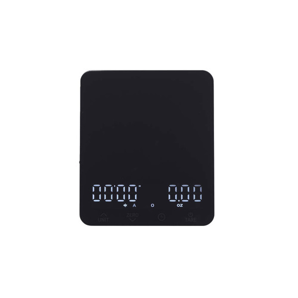 Black digital kitchen scale with illuminated display, shown from above