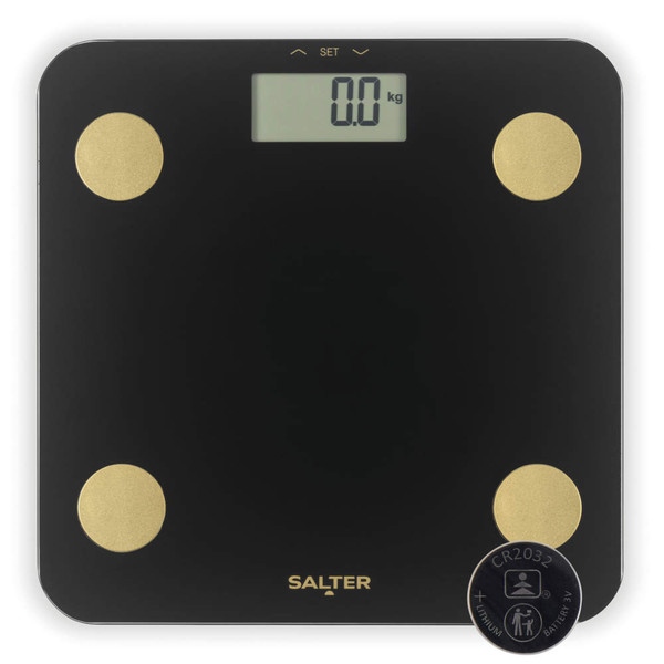 Black digital bathroom scale with gold sensors, Salter logo and digital display