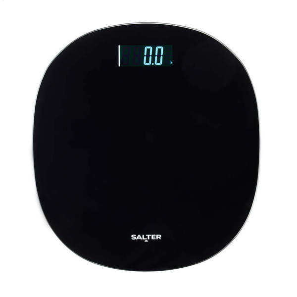 Salter round black electronic scale in retail packaging, showing LCD display.
