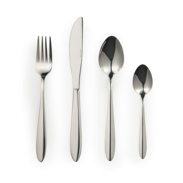 Set of four silver stainless steel cutlery pieces: fork, knife, tablespoon, teaspoon.