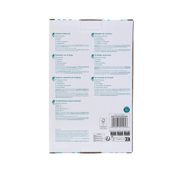 Back of 16 piece cutlery set box showing contents list in multiple languages