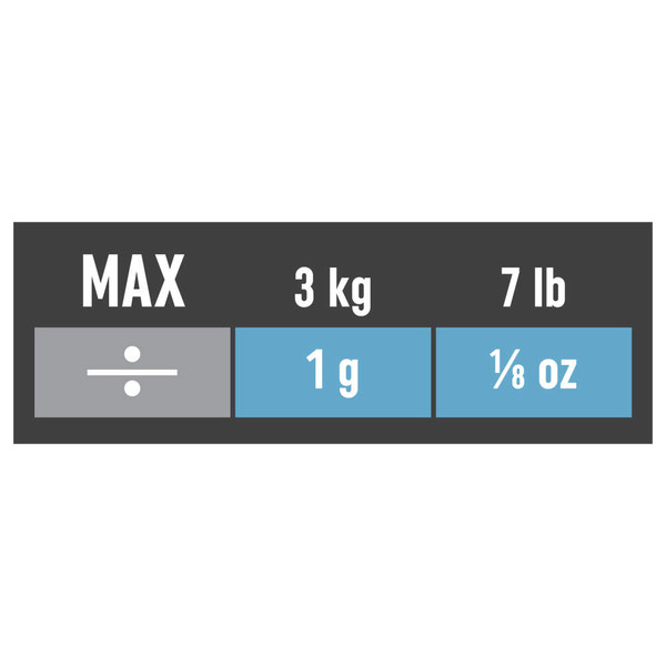 Capacity label showing max 3kg or 7lb, minimum division 1g or 1/8oz.