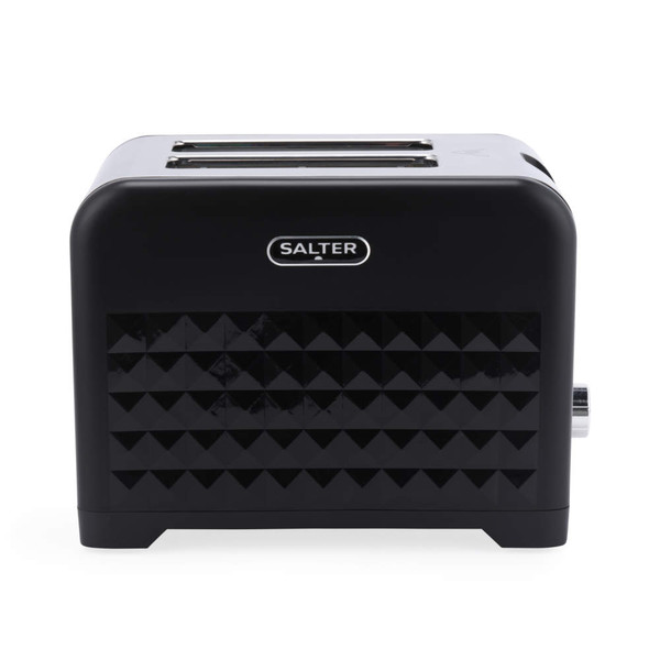 Black two-slice Salter toaster with textured front, shown from side.