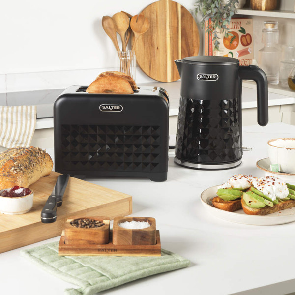 Black two-slice Salter toaster with textured front, shown from side.