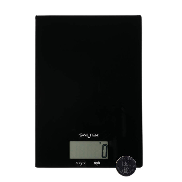 Black digital kitchen scale with display showing zero and coin cell battery.