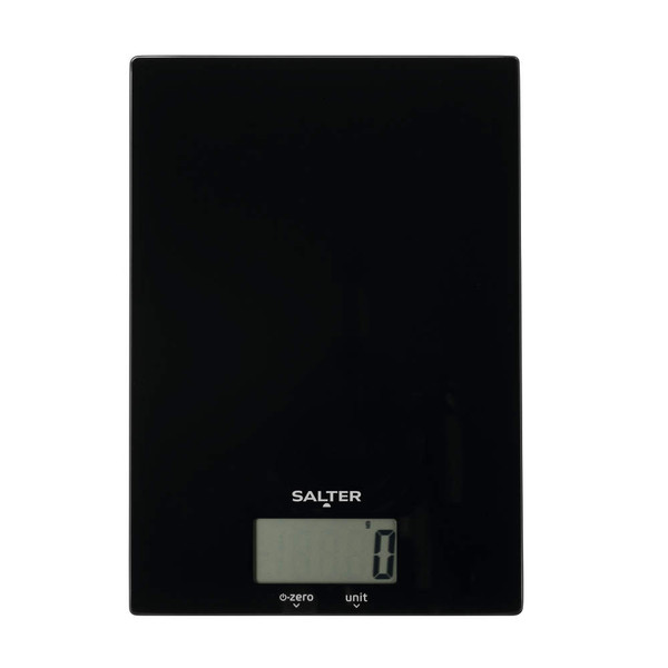 Black digital kitchen scale with display showing zero and coin cell battery.