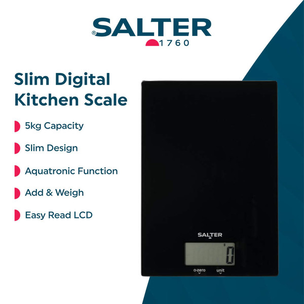 Black glass digital kitchen scale with LCD display, angled front view