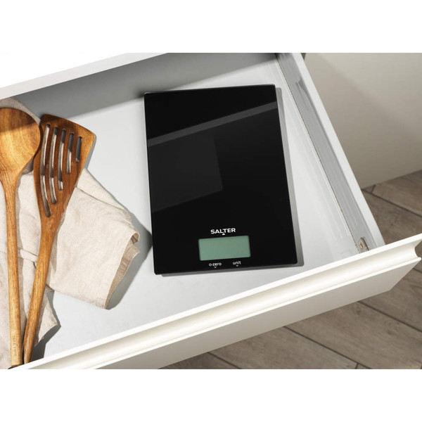 Black digital kitchen scale with LCD display, shown from above.