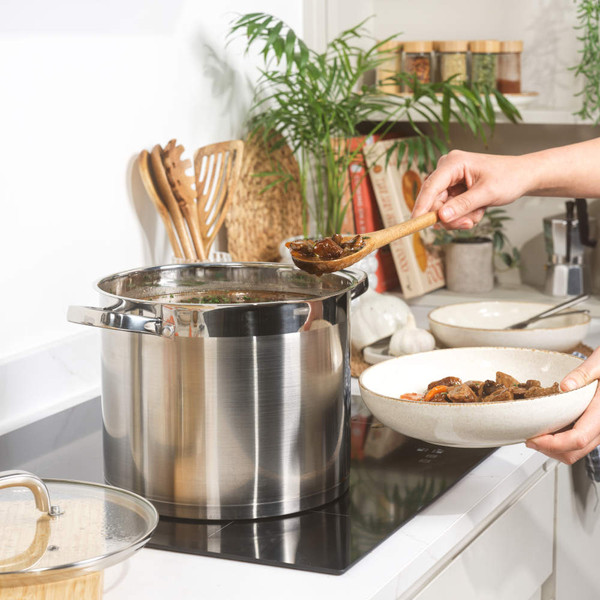 Salter 24cm stainless steel stockpot in packaging, shown with lid and curry dish image.