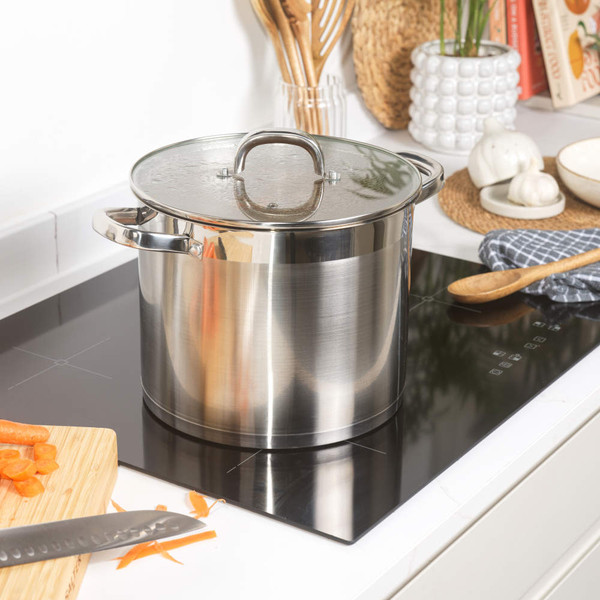 Stainless steel stock pot with lid, top view
