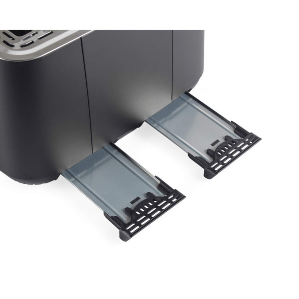 Black and gold toaster showing two extended crumb trays